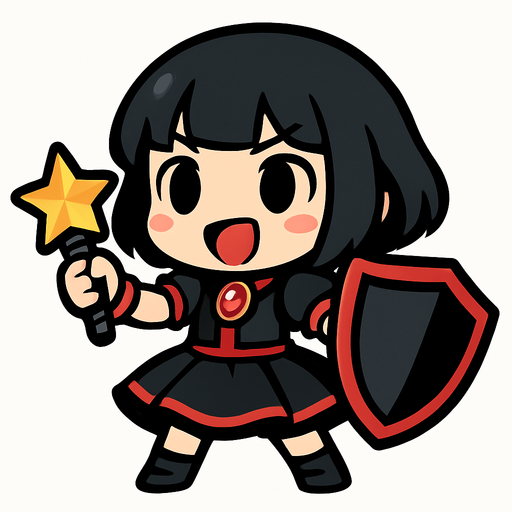 Esta chica tiene un diseño de estilo chibi anime, lo que le da un aspecto adorable y expresivo. Aquí va una descripción detallada:

🔸 Apariencia general:
Es una niña pequeña de proporciones caricaturescas, con cabeza grande y cuerpo diminuto, típica del estilo chibi.

🔸 Cabello:
Cabello negro, corto, llega hasta sus hombros. Estilo honguito.

🔸 Ropa:
Viste un traje colorido similar al de una idol japonesa:

Vestido negro con detalles rojos

Gema roja en el pecho

Falda con vuelo, color negro y una línea roja en el final de la falda

🔸 Accesorios:

Lleva un micrófono con forma de estrella en una mano, lo que sugiere que es una cantante o idol.

En la otra mano, sostiene un escudo de color negro con detalles rojos del tamaño de su cuerpo, lo cual le da un toque de una escudera alegre
🔸 Expresión:
Tiene una expresión alegre, decidida y enérgica, como si estuviera lista para una canción. Tiene la boca abierta de felicidad, simulando que canta feliz para sus fans.
In-Game asset.  2d.  High contrast.  No shadows