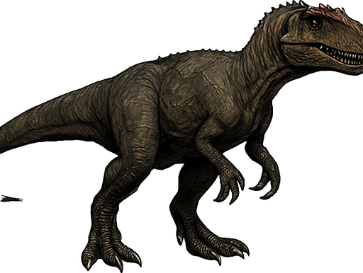 A medium-large Allosaurus dinosaur depicted in a neutral standing pose on a transparent background. Its muscular body is covered with dark gray and earthy brown scaly skin, with subtle scars and wrinkles. The head is narrow and elongated, featuring sharp teeth visible in a slightly open mouth and prominent ridges above the eyes. Its strong legs end with sharp claws, and the long tail extends straight for balance. The skin texture is rough and detailed, giving a lifelike, ancient predator look..
In-Game asset.  2d.  High contrast.  No shadows
