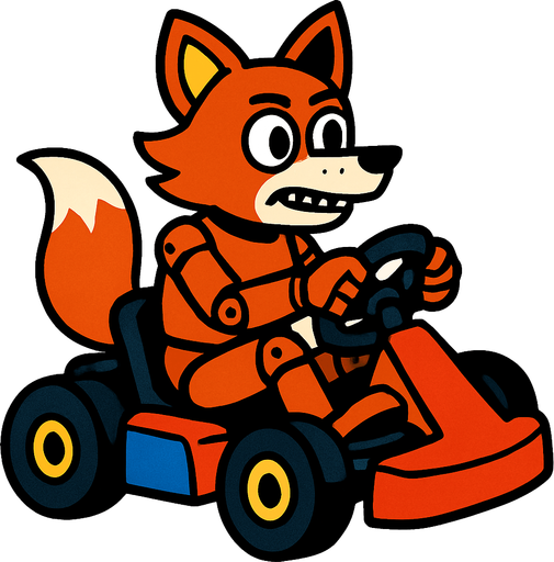 Un zorro rojo animatronico en un kart.
In-Game asset.  2d.  High contrast.  No shadows