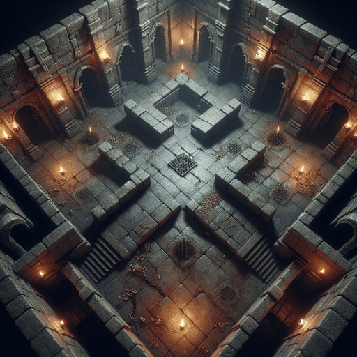 A dark, stone-walled dungeon chamber viewed directly from above. The floor is uneven with scattered bones and chains. Each wall has an entrance centered in the middle, like arched doorways, positioned on the top, bottom, left, and right sides. The room fills the entire frame, with torch-lit ambiance..
Full-frame, top-down view of a stone-walled dungeon chamber. Uneven floor, bones, chains, torch lighting. Open, arched entrances centered on each wall: top, bottom, left, and right. No 3D perspective, even lighting.