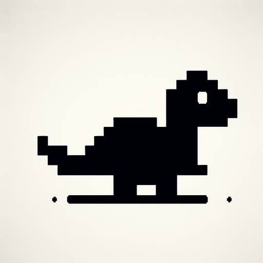 sağa dönük simsiyah pikselli dinozor.
Single Game Texture.  In-Game asset.  2d.  Blank background.  High contrast.  No shadows