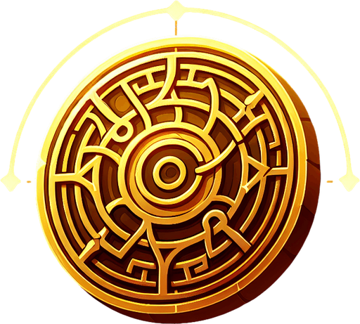 Gold coin with design in the center.
Single Game Texture.  In-Game asset.  2d.  Blank background.  High contrast.  No shadows