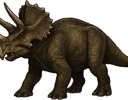 A large Triceratops dinosaur depicted in a neutral standing pose on a transparent background. It has a bulky, muscular body covered in rough, textured scaly skin with shades of dark brown and olive green. Its massive head features a large bony frill with small bumps and three prominent horns—two long ones above the eyes and a shorter one on the nose. The beak-like mouth is slightly open, and the eyes are calm but alert. The thick legs end in hoof-like claws, and the tail is short and heavy. The skin shows detailed scales, folds, and scars, giving it a lifelike, ancient appearance..
In-Game asset.  2d.  High contrast.  No shadows