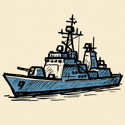 skecth tarzında destroyer savas gemisi.
In-Game asset.  2d.  High contrast.  No shadows