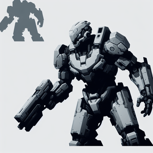 a gray transformer with a gun as one of his hands.
Single Game Texture.  In-Game asset.  2d.  Blank background.  High contrast.  No shadows