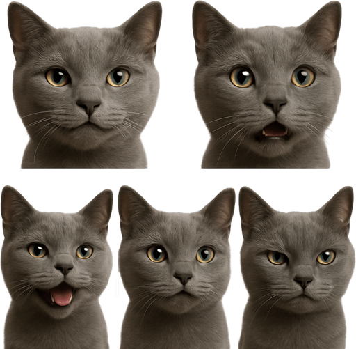 Sprite sheet of head only with different face expressions : smiling, surprised, feared, laugh, angry...
KEEP SAME ORIENTATION
