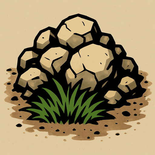 Make a pile of rocks with a grass patch in front of it and dirt scattered.
In-Game asset.  2d.  High contrast.  No shadows