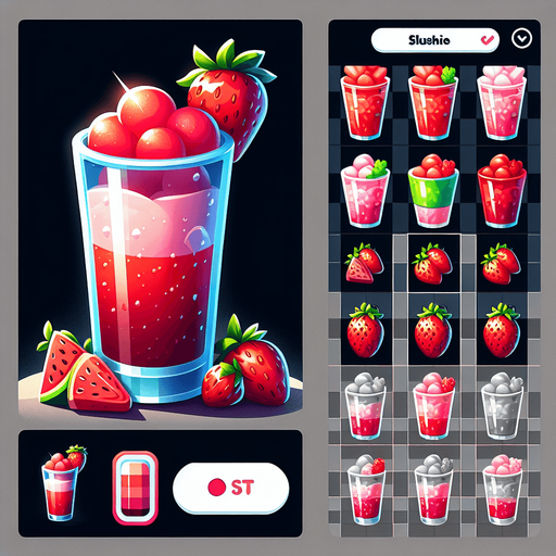 A nice glass of watermelon and strawberry slushice.
Single Game Texture. In-Game asset. 2d. Blank background. High contrast. No shadows.