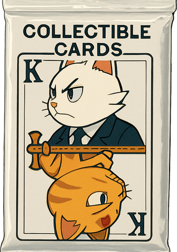 A booster pack of collectible cards in the plastic packaging. On the package is a picture of these two cats as if they are the King on a card in a deck of regular playing cards. The white one is on top facing left and the bottom one is the mirror facing right, side profile, just like a king on a regular playing card. There is a K in the top left corner to mark the King, but no suit.