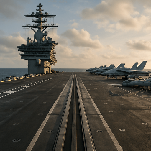 Photorealistic nuclear-powered
aircraft carrier deck. View from the deck before take off