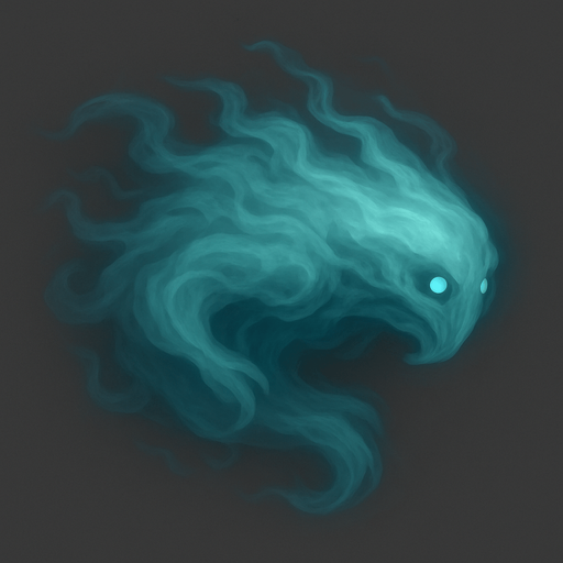 A single, isolated, highly detailed top-down isometric game asset of a Restless Spirit. It is an ethereal, translucent spectral figure, vaguely humanoid or beast-like, composed of swirling mist and faint light. Its form should be clearly defined but ghostly, with wispy edges. It can have two small, unblinking, glowing eyes or empty dark hollows for eyes (static). The spirit's body and implied 'head' should be clearly oriented towards the right side of the image, conveying its forward gliding motion. Style: Stylized, ghostly fantasy, semi-transparent, suitable for a Tower Defense game. Transparent background..
In-Game asset.  2d.  High contrast.  No shadows