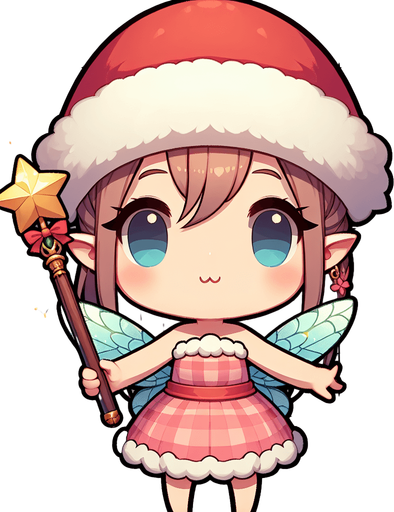 a cute little fairy standing with a santa hat and a magic wand Single Game Texture. In-Game asset. 2d. Blank background. High contrast. No shadows.