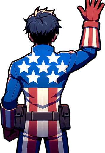 anime captain america bakc view. right hand up standing ready war
Single Game Texture.  In-Game asset.  2d.  Blank background.  High contrast.  No shadows