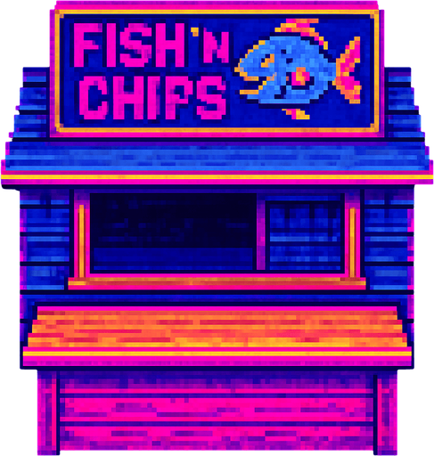 A fish and chips shack with a big counter in the front and a large open window behind. Large sign on roof says "Fish 'n Chips" with a cartoon fish. Seen from top down view with the front of the shack facing down.