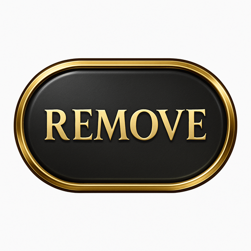 Crea un asset visual para un botón 'REMOVE' (Quitar Apuesta) para la mesa de Blackjack de lujo.

Objetivo: Un botón claro y elegante que permita al jugador quitar su apuesta actual y regresarla a cero, coherente con la opulencia del casino.

Diseño:

Forma: Puede ser un óvalo o un rectángulo con bordes suaves, que sea prominente y fácil de pulsar.

Texto Central: La palabra 'REMOVE' (o 'CLEAR BET') en mayúsculas, con una tipografía audaz, limpia y elegante de casino.

Color: Base en un color que sugiera "borrar" o "resetear" sin ser estridente. Considera un gris oscuro metálico, un plateado pulido o un bronce oscuro, con un acabado elegante.

Borde: Un borde brillante en dorado o plateado.

Efectos (si Upit lo permite):

Sutil efecto de relieve o biselado para darle profundidad.

Un ligero brillo o resplandor que lo haga destacar.

Textura que simule metal pulido o un material lujoso.

Fondo: El asset debe ser independiente con fondo transparente, listo para ser superpuesto en la inter.
In-Game asset.  2d.  High contrast.  No shadows