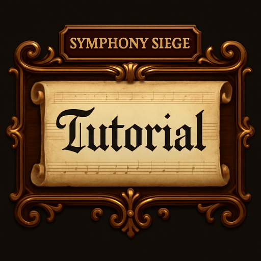 Diseña un botón visual para un videojuego llamado Symphony Siege, destinado a la opción "Tutorial". El estilo debe ser coherente con una interfaz inspirada en una sala de conciertos clásica: elegante, musical y refinada. El botón debe incluir la palabra "Tutorial" centrada, usando una tipografía manuscrita o de partitura antigua, legible y estilizada. El fondo puede simular una partitura enrollada, una tablilla de madera pulida o una tecla de piano estirada horizontalmente. El contorno del botón debe tener detalles ornamentales dorados o cobrizos, evocando la estética barroca o sinfónica. El tono general debe ser acogedor y educativo, sin perder la elegancia musical.
In-Game asset.  2d.  High contrast.  No shadows