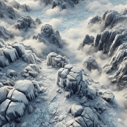 Photorealistic rocks covered by snow and ice, drone view