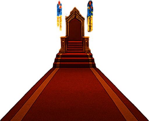 A massive medieval throne hall with golden chandeliers, crimson carpets, high arched ceilings, stained-glass windows casting colored light, majestic and solemn, realistic.
In-Game asset.  2d.  High contrast.  No shadows