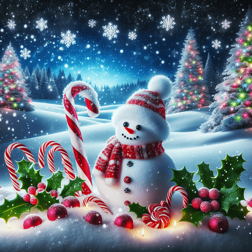 a feeric christmas landscape at night with a snow man , candy canes ,holly leafs and snow flakes, Background image