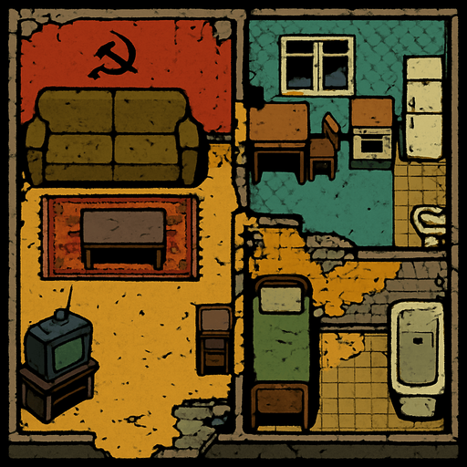 A 80's Soviet apartment, slightly ruined but in use.
In-Game asset.  2d.  High contrast.  No shadows. Top down view