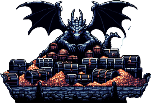 artistic background of the inside the depths of an unlit dark cave filled with a variety of treasures, and a dragon sleeping over a massive pile of treasure chests at its heart. pixelated. 8-bit.
Single Game Texture. In-Game asset. 2d. Blank background. High contrast. No shadows.