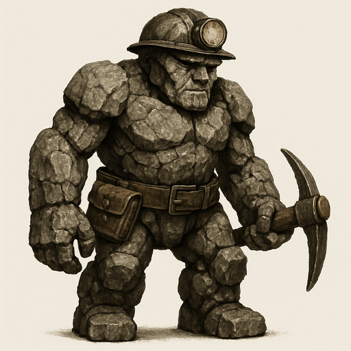 un golem de piedra que parezca un minero y que se vea ultra realista.
In-Game asset.  2d.  High contrast.  No shadows