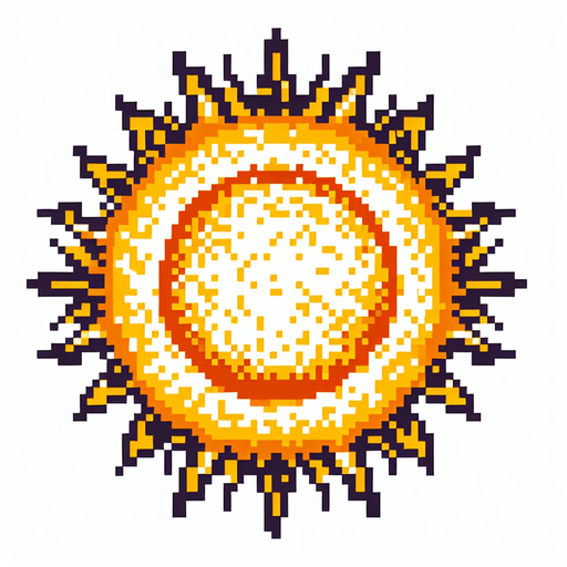 8 bit sun solar flare.
Single Game Texture. In-Game asset. 2d. Blank background. High contrast. No shadows.