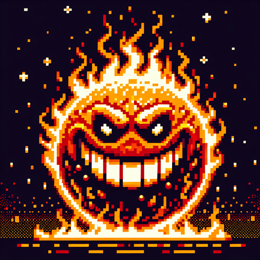 Burning ball shaped creepy grinning devil.
Single Game Texture. In-Game asset. 2d. Blank background. High contrast. No shadows. 8 bit