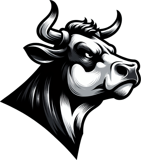 angry cow. Side portrait. 
Single Game Texture.  In-Game asset.  2d.  Blank background.  High contrast.  No shadows