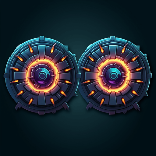 Dark circular power up indicating double cannons.
Game Texture. In-Game asset. 2d. Pixelart. White background. Blank background. Low detail. High contrast.