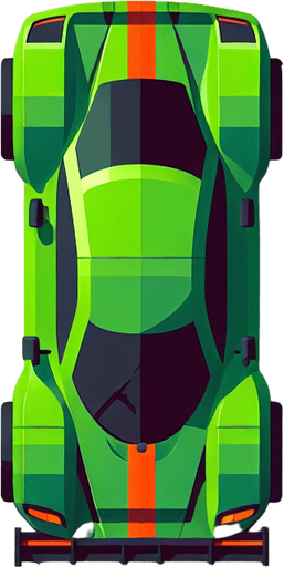 top down view of green color racing car.
Single Game Texture.  In-Game asset.  2d.  Blank background.  High contrast.  No shadows