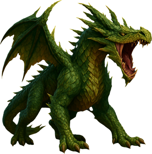 Different standing dragon of forest on four legs, he's head is down and opened mouth to shout. HD colors.
Single Game Texture. In-Game asset. 3D. Blank background. High contrast. No shadows.