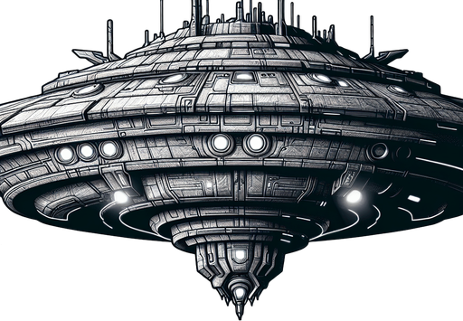 alien spaceship heading down.
Single Game Texture. In-Game asset. 2d. Blank background. High contrast. No shadows.