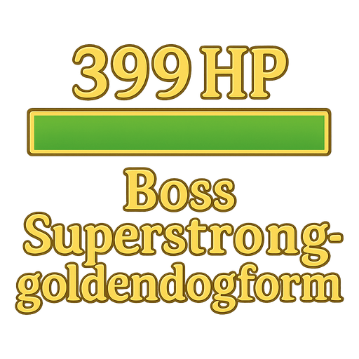 Make a green health bar with words under it golden shiny letters saying “Superstronggoldendogform” and golden words on top saying “399HP”. No background. Transparent background. Blank background. No shadows. 2d. In-Game asset. flat