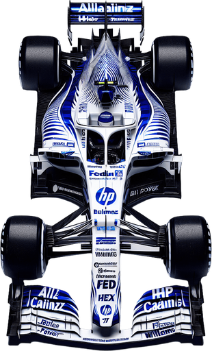BMW FW26 F1 car from 2006 year. Top view. White body with thick royalblue livery. white coloured Sponsors: ,,Allainz" , ,,caistrol" , hp , FedEx , "Willaims". "BMiW POWER"..
Single Game Texture. In-Game asset. 2d. Blank background. High contrast. No shadows.