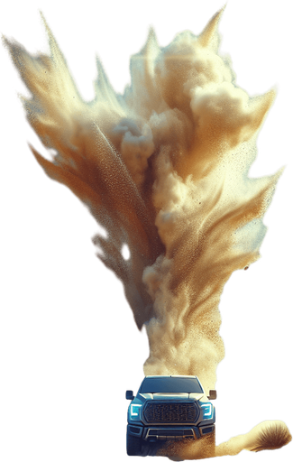 Light bright and transparent vertical Sand cloud in the air behind a vehicle