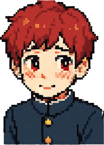 A cute 15-year-old red-haired boy with bright red eyes, wearing a traditional Japanese school uniform (gakuran). He is framed inside a square, showing a shy expression: blushing cheeks, slightly averted gaze, and a small, nervous smile. His shoulders are slightly hunched, giving off a sense of insecurity, yet his cuteness stands out clearly. The image is illustrated in Pixel Art style..
In-Game asset.  2d.  High contrast.  No shadows