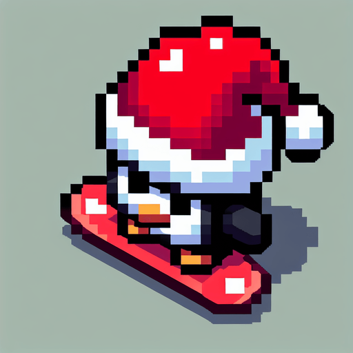 angry penguin snowboarder wearing a red santa hat. top-view. gta 2. seen from above. Single Game Texture. In-Game asset. 2d. Blank background. High contrast. No shadows. pixelated. 8 bit