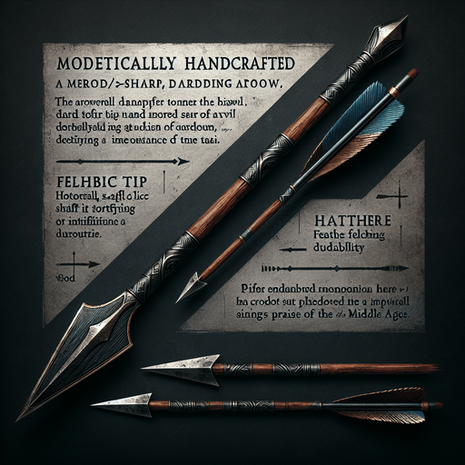A horizontal handcrafted medieval arrow with a sharp metal tip, sturdy wooden shaft, and feather fletching for stability.
Game asset. Horizontal. Handcrafted look with metallic tip and feather details. High contrast and ready for action.