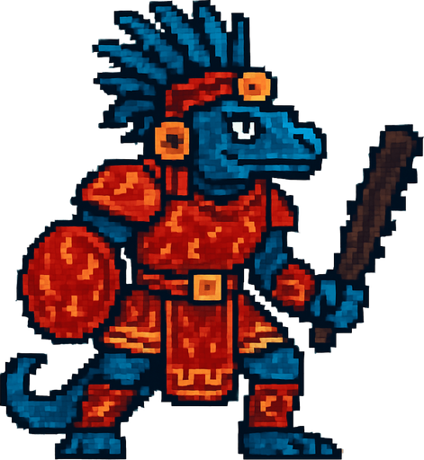 Generame un guerrero azteca con patrones, estilo pixelar, ademas sera un El lagarto azul de Gorgona humanoide. Va tener una armadura roja con efetos de llamitas pequeñas.
In-Game asset.  2d.  High contrast.  No shadows