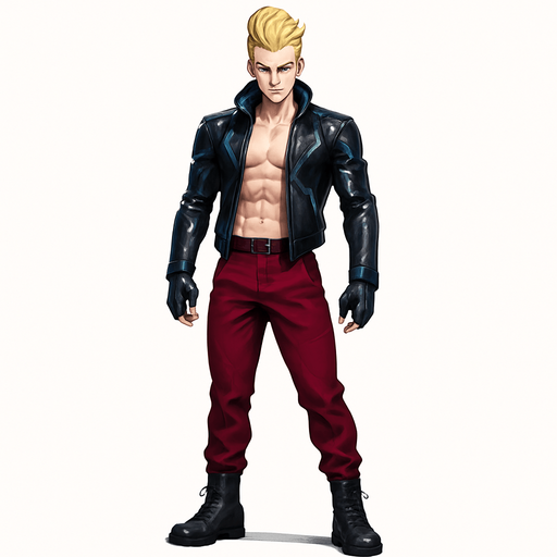 Idle animation, sleek graceful man Cyberpunk manga, facing forward idle pose shiny black leather biker jacket longsleeves shirtless Skinny abs blonde pompadour guy, action shot wine red joggers combat boots, Background removed, "Full-body character, entirely in frame, no cropping of face, head, or feet" "Complete character visible, from head to toe, fully centered in the image" "Entire character, including face and boots, fully within the frame" Character fully contained within a square frame, no edges cut off fashion model pose