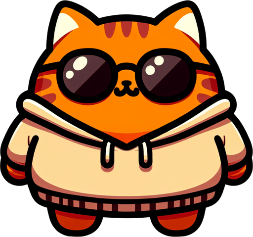 The character in the image is a cartoon-style, orange tabby cat with noticeable stripes. It has a round face, wearing a pair of oversized, round, dark opaque sunglasses. The cat's body is smaller in comparison to its head, giving it a cute, chubby appearance. It's wearing a simple, light-colored hoodie with a drawstring. The cat sits with its paws visible in front, showing a relaxed posture. The overall style is playful and whimsical, perfect for a casual mascot or a character in a children's book..
Single Game Texture. In-Game asset. 2d. Blank background. High contrast. No shadows.