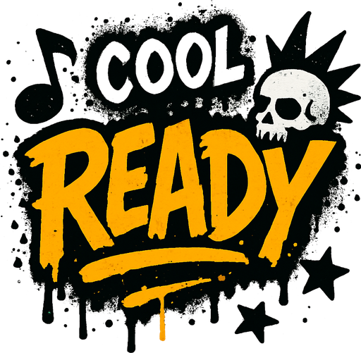 müzik temalı cool ready yazısı biraz da sprey boya punk tarzı.
In-Game asset.  2d.  High contrast.  No shadows
