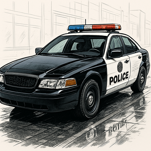 A highly detailed 2D illustration of a modern police car, viewed from a 3/4 front angle. The car should feature realistic proportions, reflective black and white paint, a visible police logo on the doors, detailed sirens and light bars on top, chrome accents, visible tires with tread, a front grille with texture, and a clean, urban background with street reflections. Emphasize realism and intricate detail, with proper shading and highlights to give a semi-realistic hand-drawn look. The style should combine comic art with technical illustration.
In-Game asset.  2d.  High contrast.  No shadows