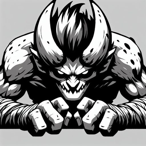 cartoon demon looking down with hands gripping..
Single Game Texture. In-Game asset. 2d. Blank background. High contrast. No shadows.
