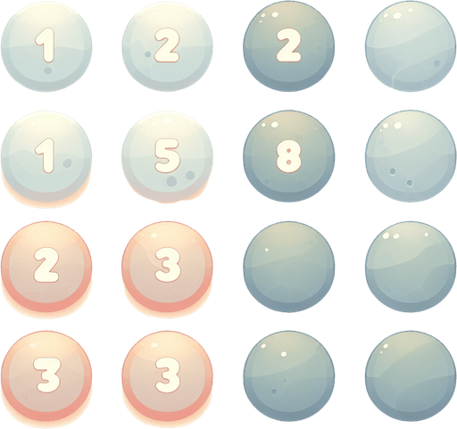 Нужно чтоб был нежные, спокойные кнопки с цифрами 1 2 3 они должны быть округлой формы.
Single Game Texture. In-Game asset. 2d. Blank background. High contrast. No shadows.