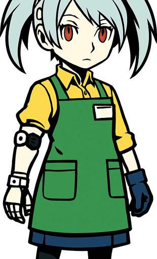 Labrys personaje de Persona 4 Arena con ropa de tendera..
In-Game asset.  2d.  High contrast.  No shadows