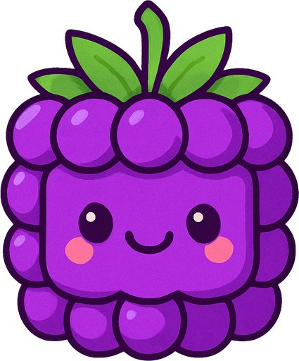 Perfectly square bright purple Blackberry with cute happyy face. Cartoon style. Cute art style. Simple vector style.