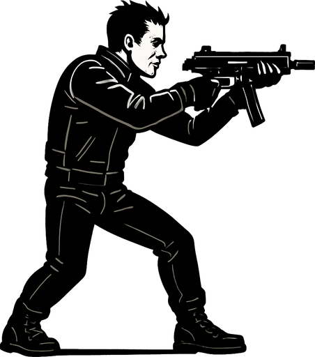 un motociclista vestido de negro apuntando con una smg de cuerpo completo con perspectiva lateral 
In-Game asset.  2d.  High contrast.  No shadows sin casco y sin moto