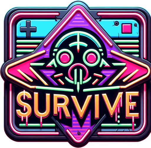 retro sign that says "Survive" with an face symbol in neon colors...
Single Game Texture. In-Game asset. 2d. Blank background. High contrast. No shadows.